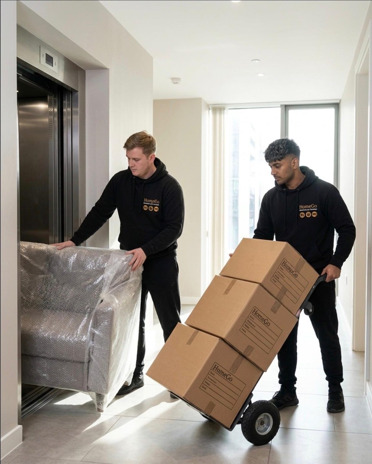 HomeGo crew carefully wheeling a bubble-wrapped sofa and boxes on a sack-trolley out of a modern lift on a residential move