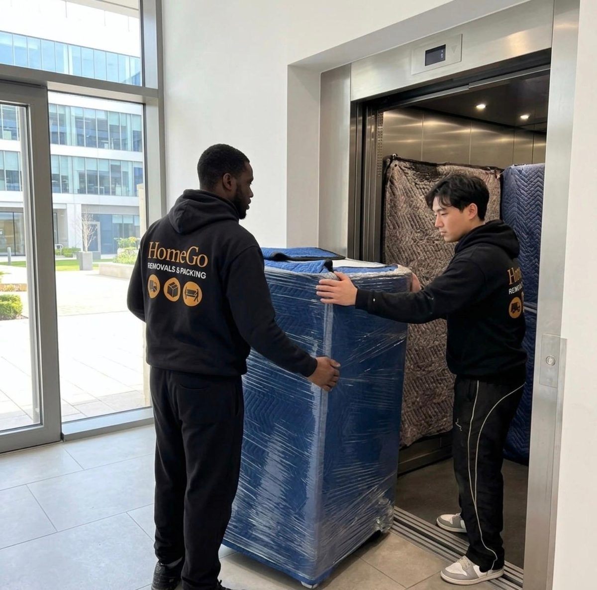 Two HomeGo movers carefully loading a fully blanket-wrapped wardrobe into a lift on completion day