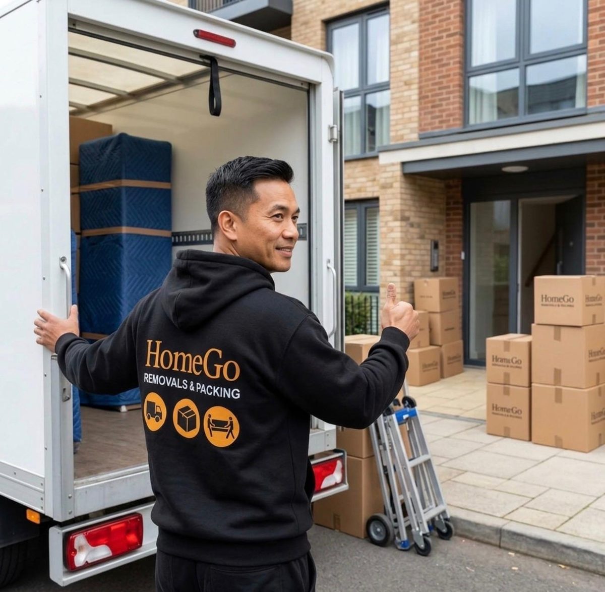 HomeGo mover loading the branded HomeGo removals van with HomeGo-labelled boxes outside a customer's flat